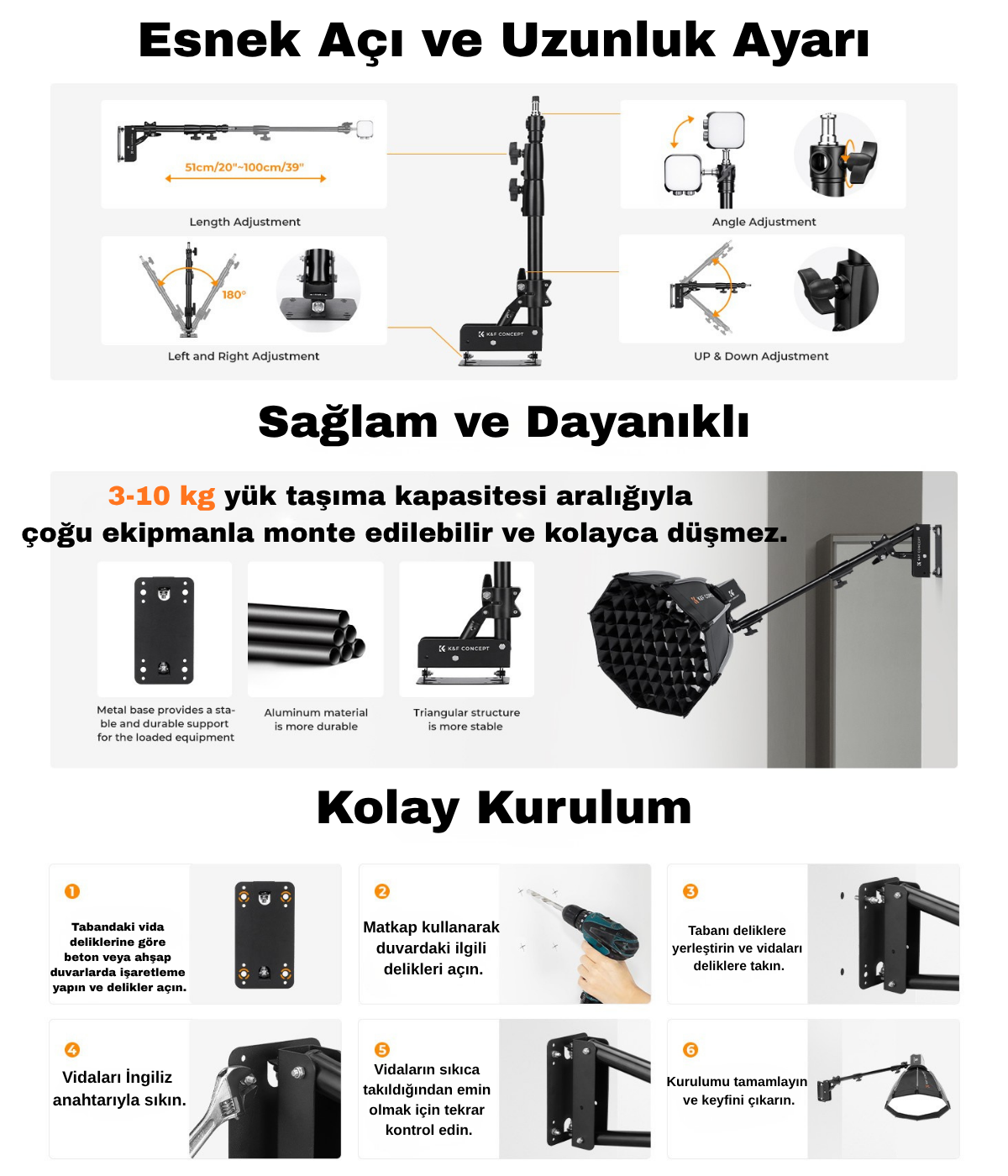 K&F Concept 100cm Duvara Monte Üçgen Bom Kolu