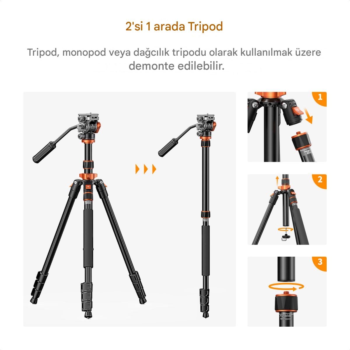K&F Concept 200cm Alüminyum Tripod (O234A7+FH-03)