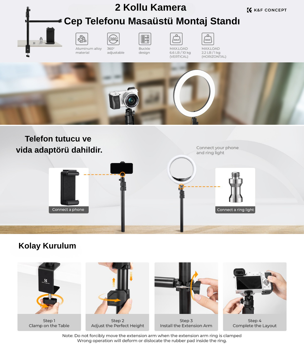 K&F Concept Kamera ve Telefon Masaüstü Montaj Standı