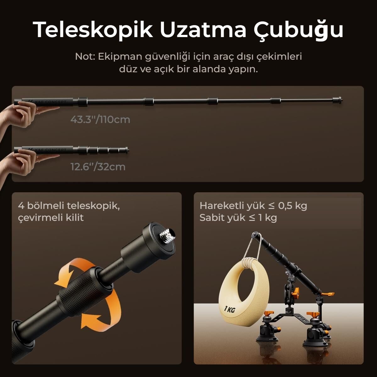 Araç montaj kiti teleskopik uzatma çubuğu 32-110 cm