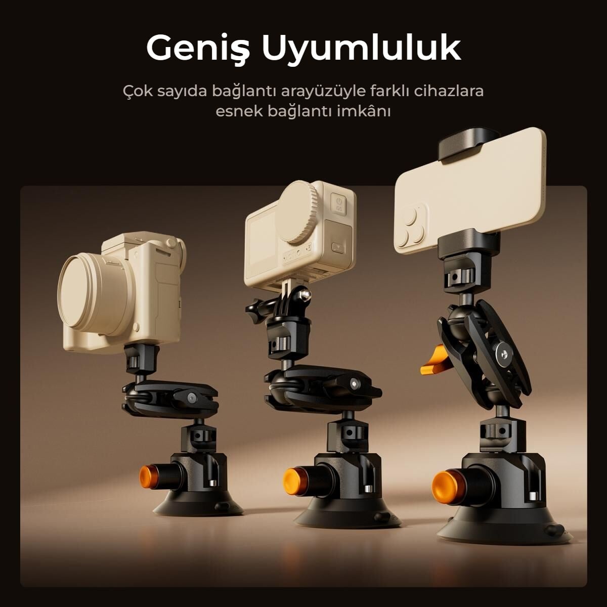 Araç montaj kiti aksiyon kamerası ve telefon uyumluluğu