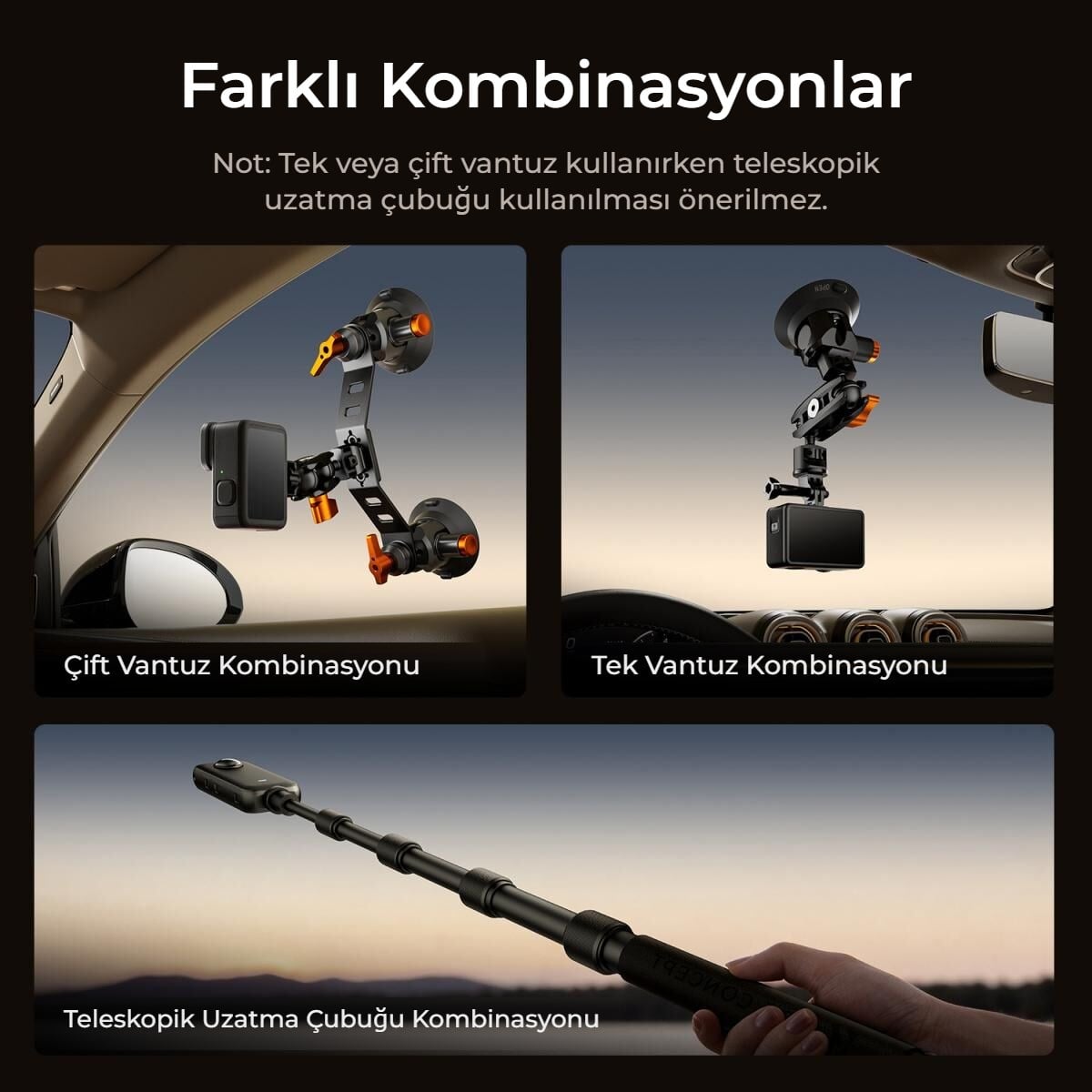 Araç montaj kiti tek, çift vantuz ve uzatma çubuğu kombinasyonları