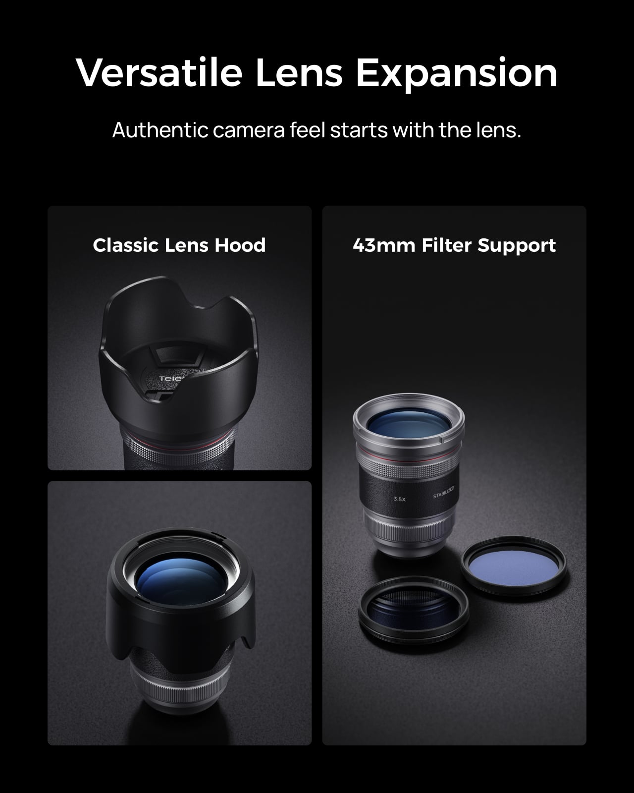 Telesin 3.5X lens hood ve 43 mm filtre destegi