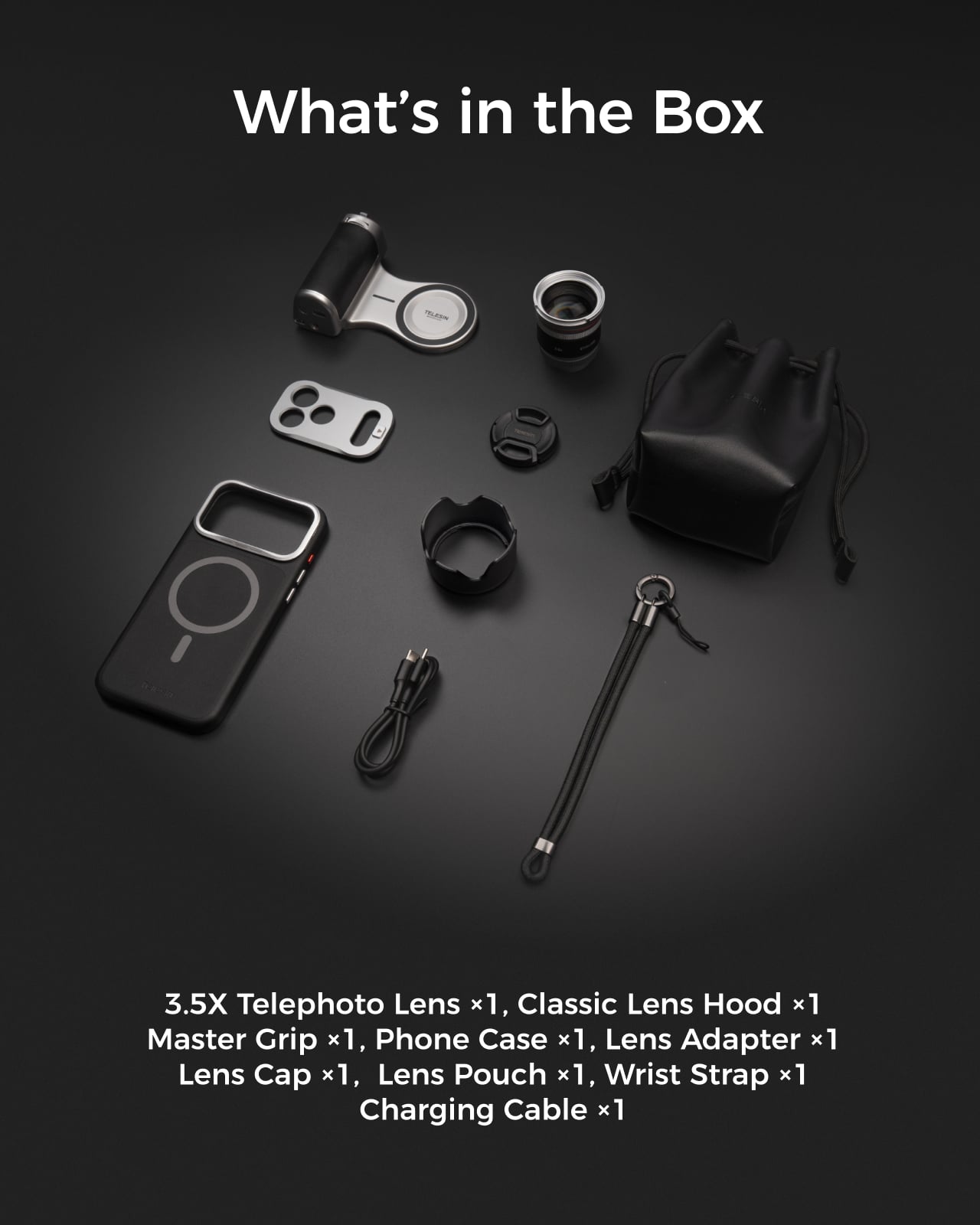 Telesin iPhone 18 Pro Max Master Grip Kit kutu icerigi