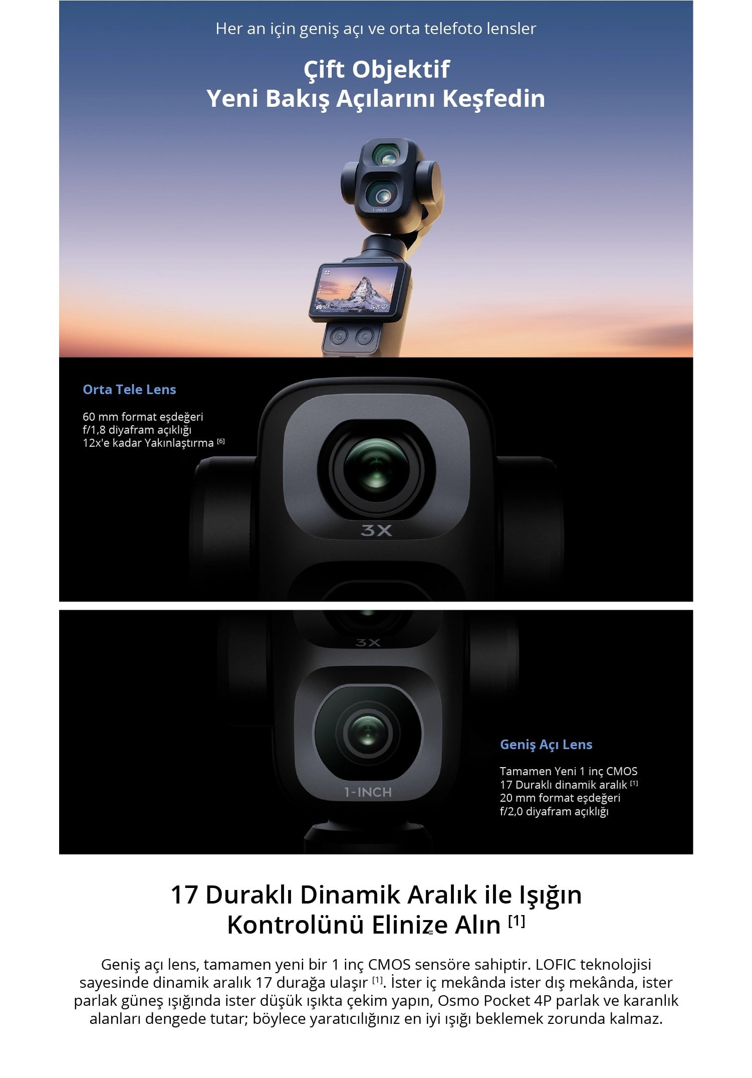 DJI Osmo Pocket 4P çift objektif: 1 inç ana kamera ve 3x telefoto