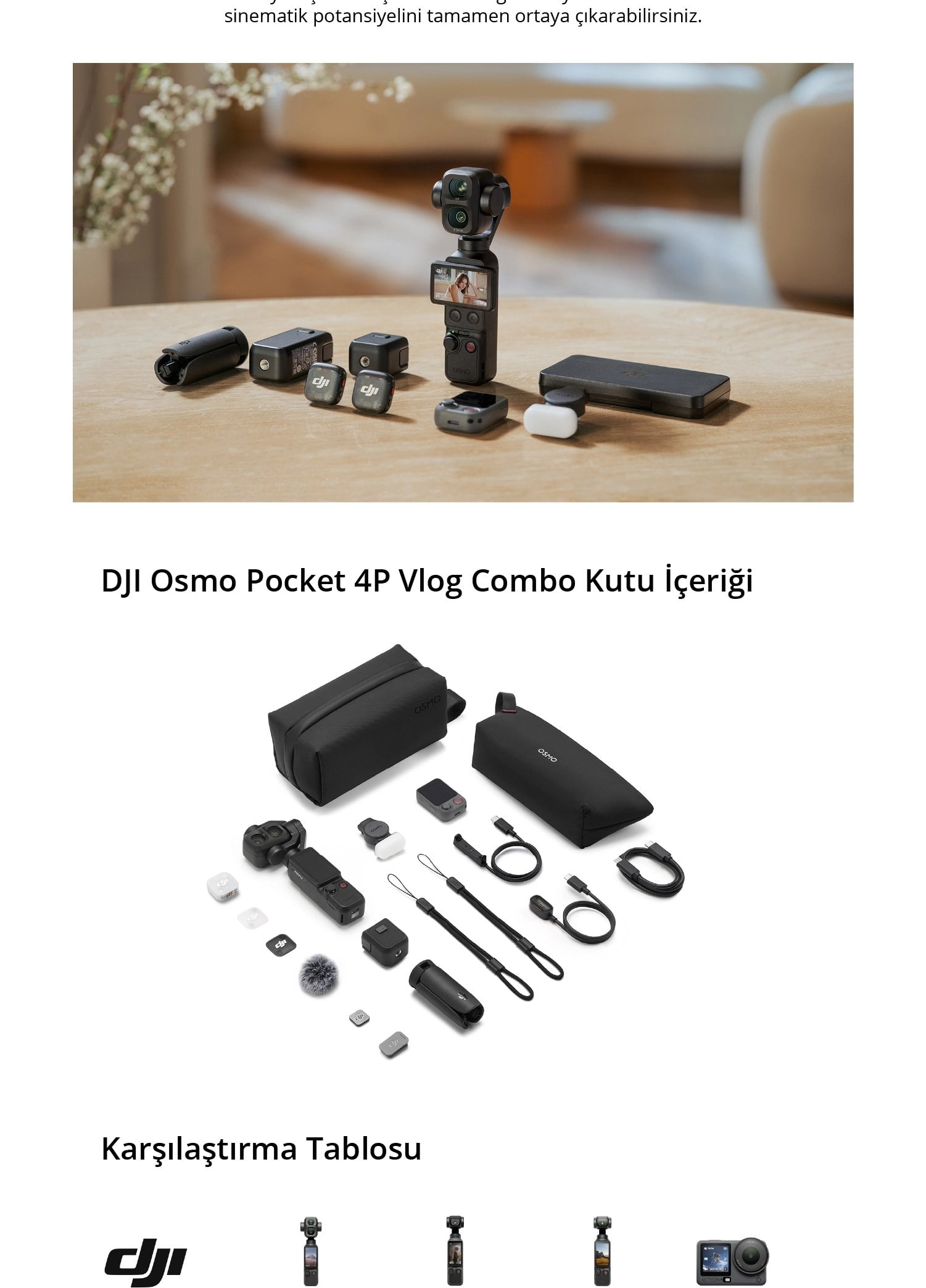 DJI Osmo Pocket 4P Vlog Combo aksesuarları