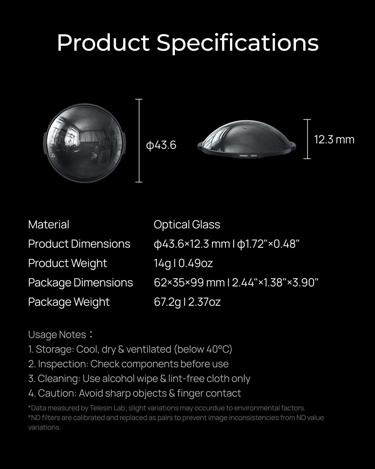 Telesin Insta360 X6 ND64 filtre teknik özellikler