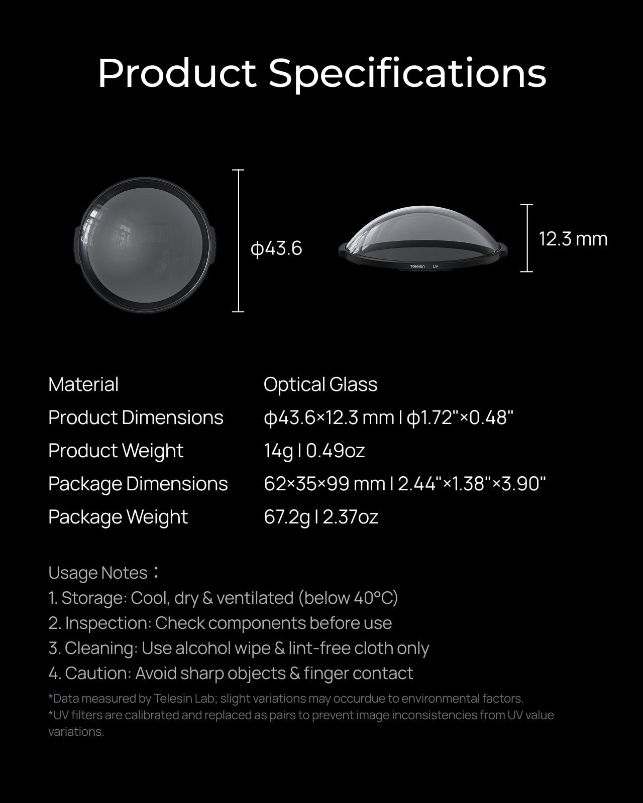 Telesin Insta360 X6 UV filtre teknik özellikler