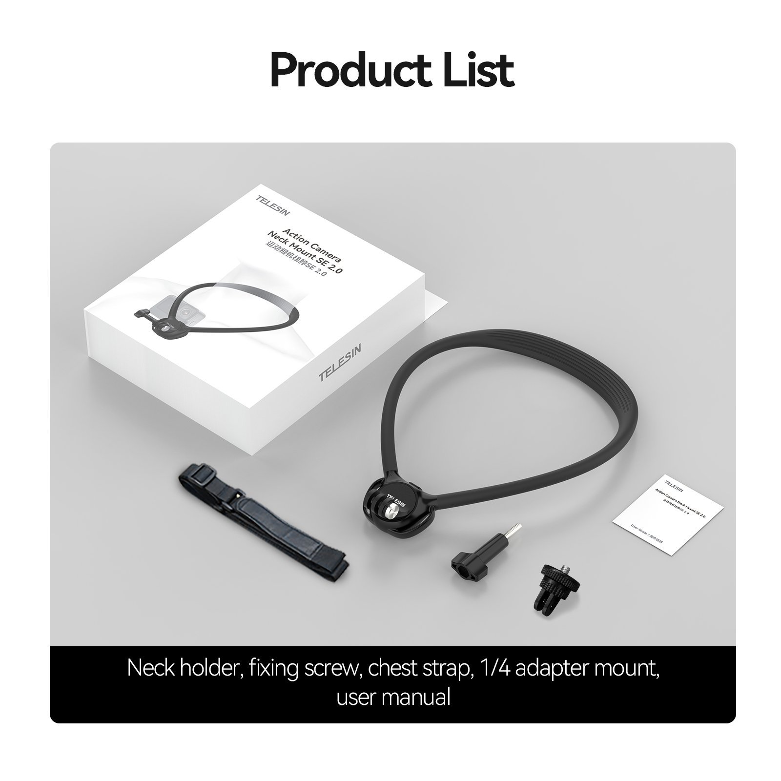 TELESIN Action Camera Neck Holder SE2.0 kutu içeriği