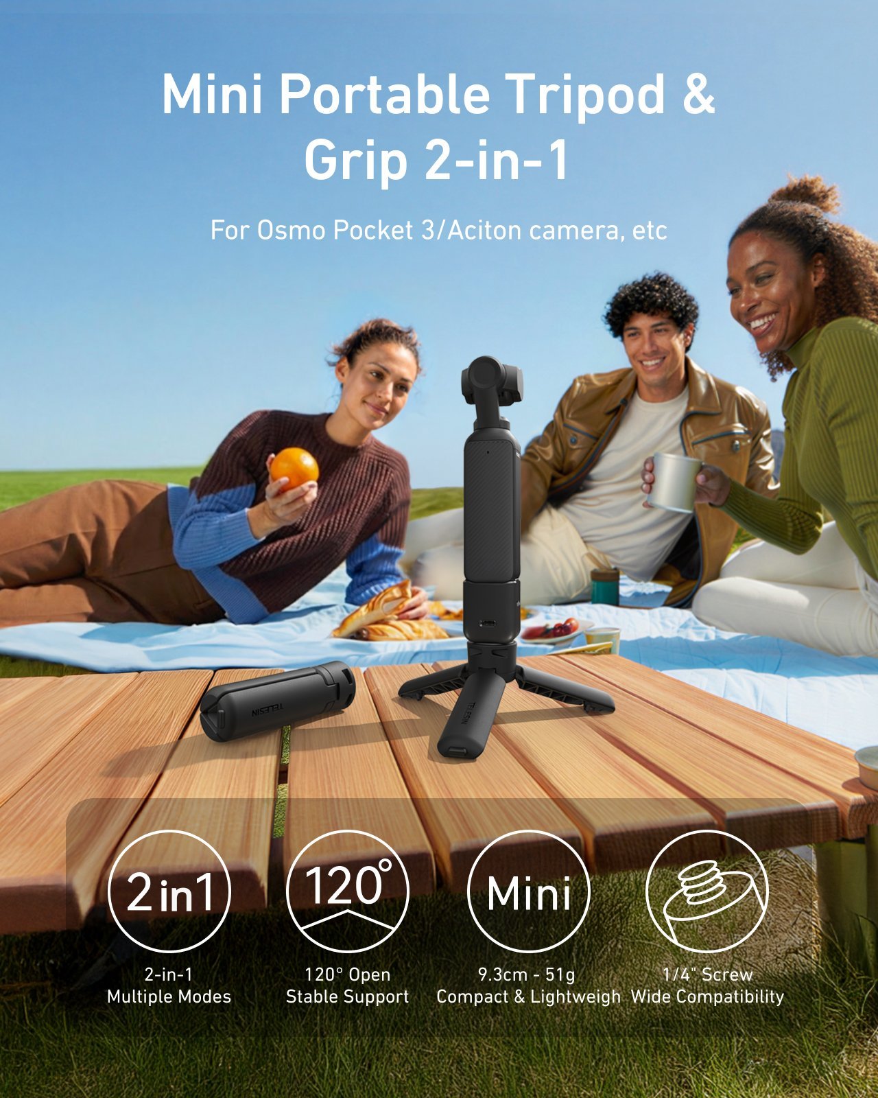 TELESIN Portable Mini Tripod & Grip (2in1)