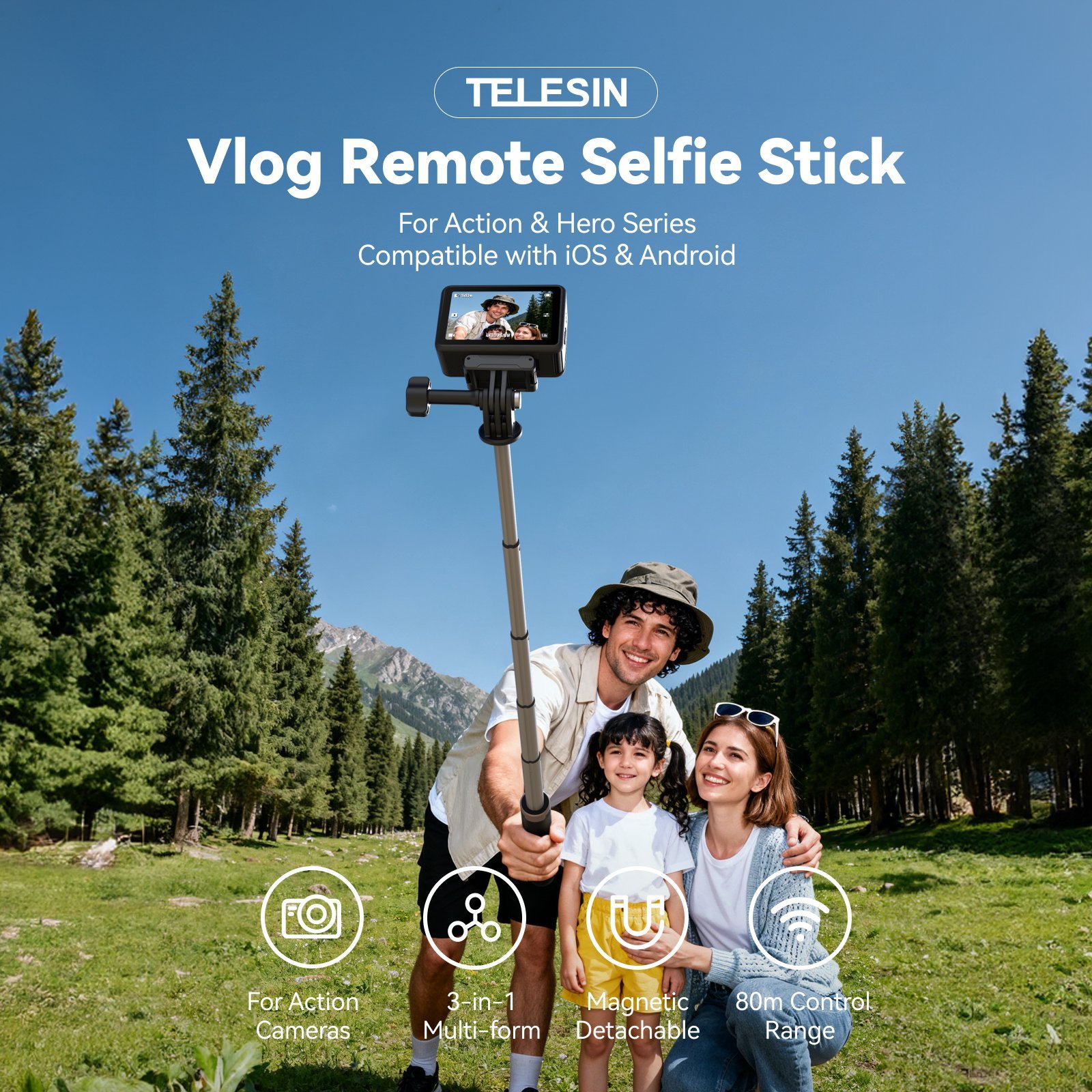 TELESIN Remote Selfie Stick (DJI, GoPro ve Cep Telefonu Uyumlu)