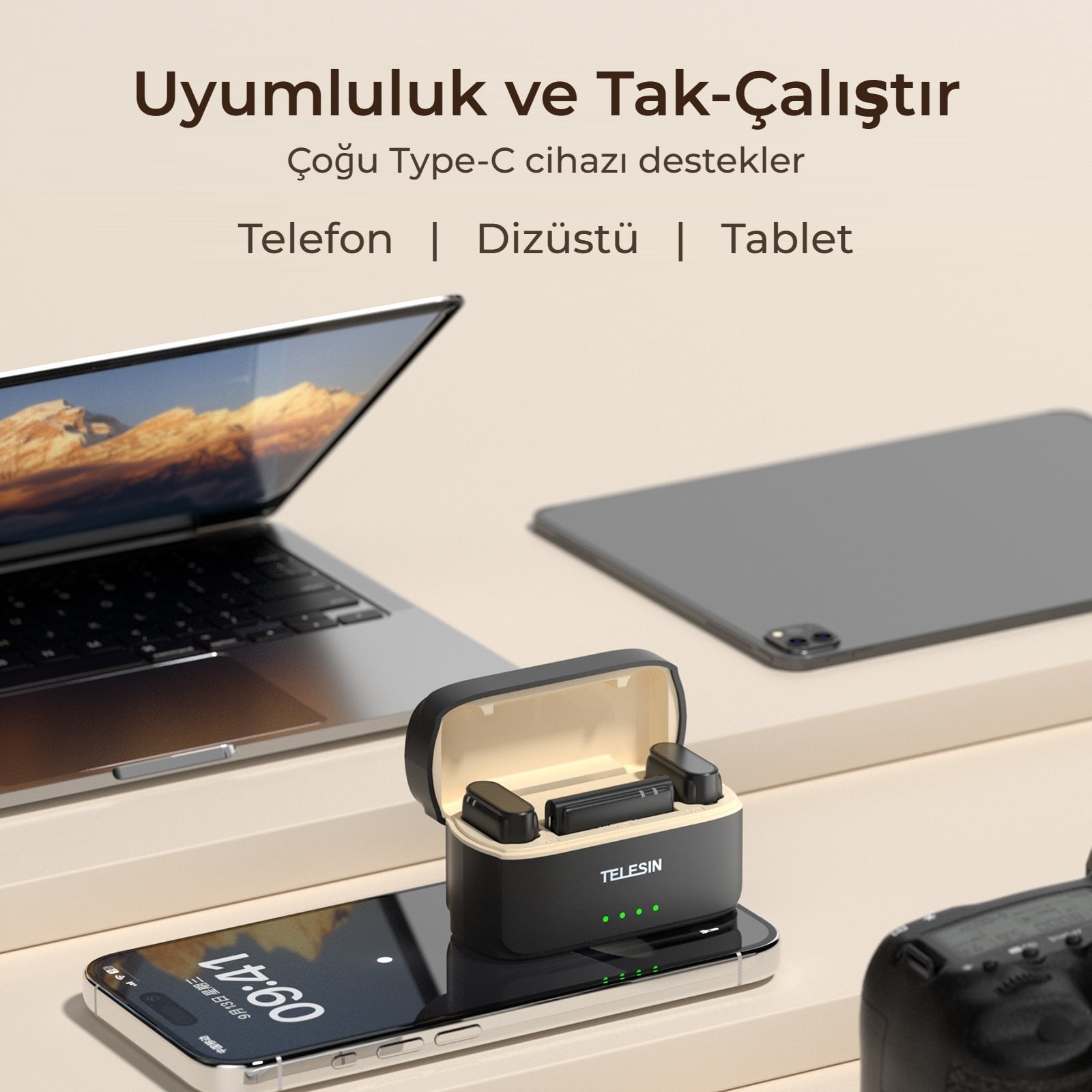 Type-C kablosuz mikrofon telefon, dizüstü ve tablet uyumluluğu