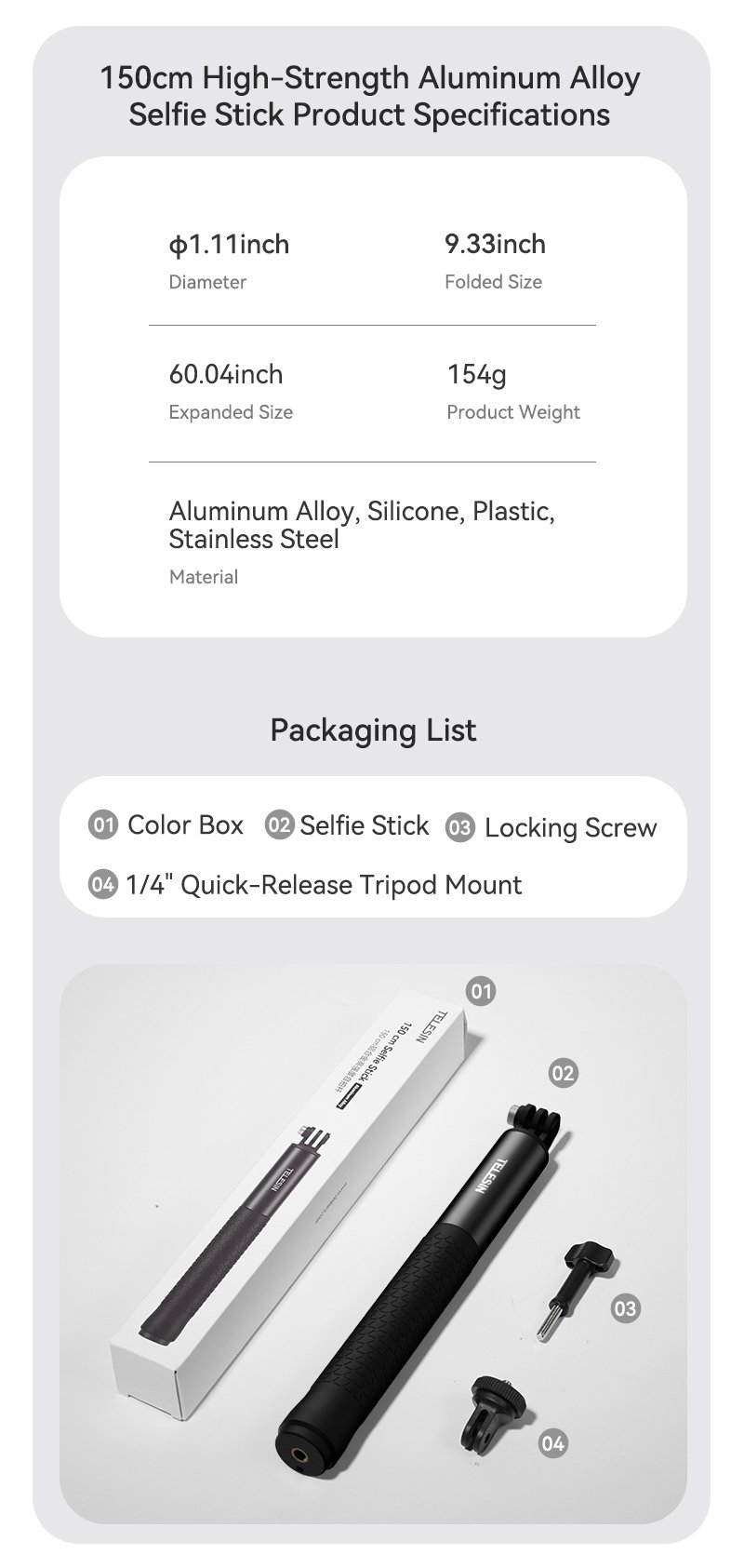 TELESIN Selfie Stick 150cm (Aluminium Alloy) 