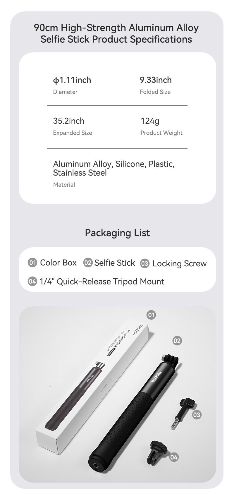 TELESIN Selfie Stick 90cm (Aluminium Alloy)