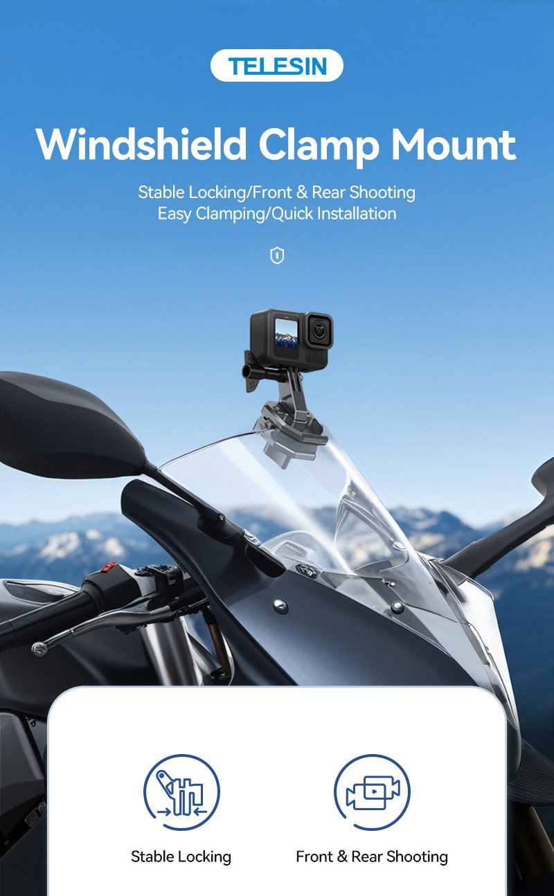 TELESIN Windshield Clamp Mount ile motosiklet ön camına takılı aksiyon kamera
