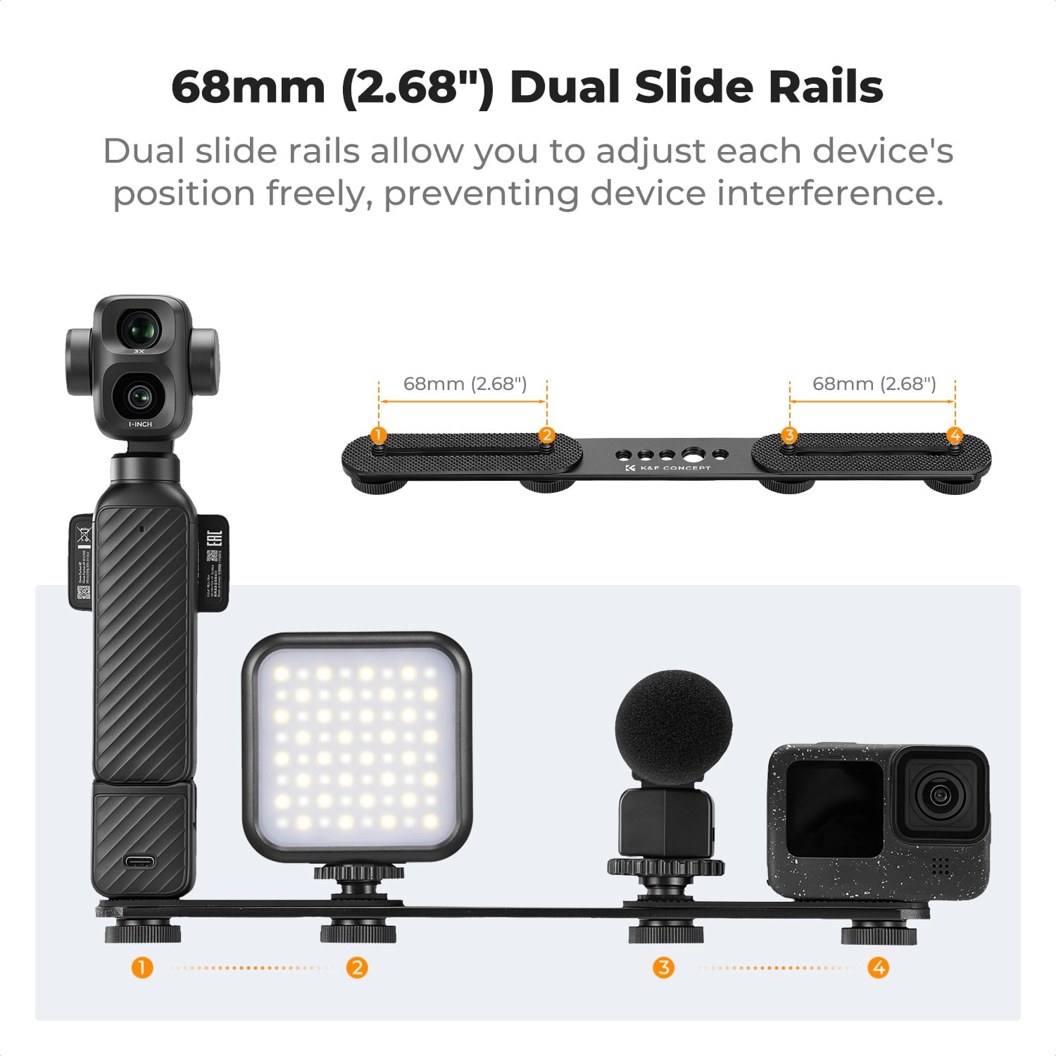 Çoklu cihaz bağlantı çubuğu 68 mm çift kızak ile kamera ışık mikrofon kurulumu