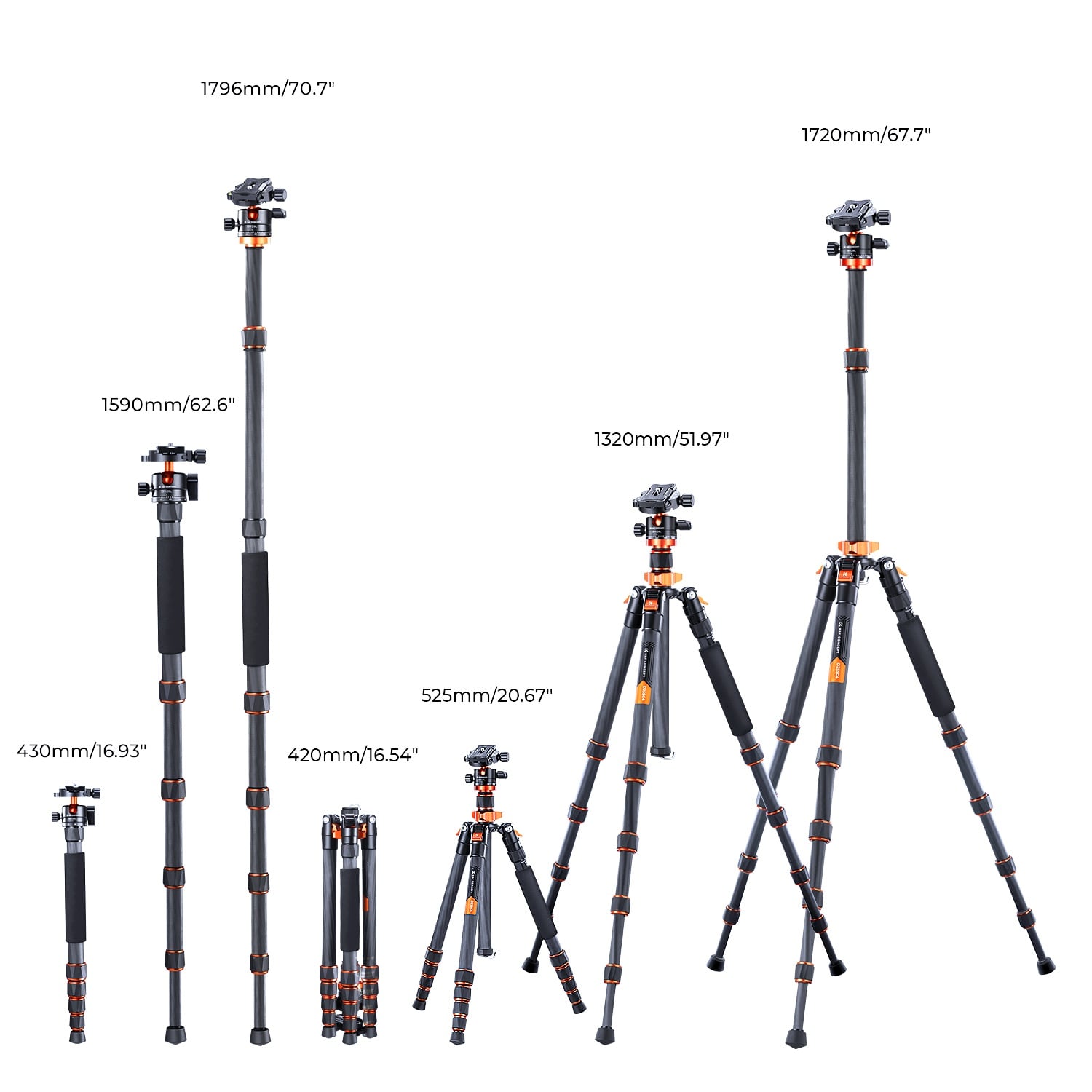 Karbon Fiber Seyahat Tripodu yükseklik ölçüleri - K&F Concept D255C4+BH-28L