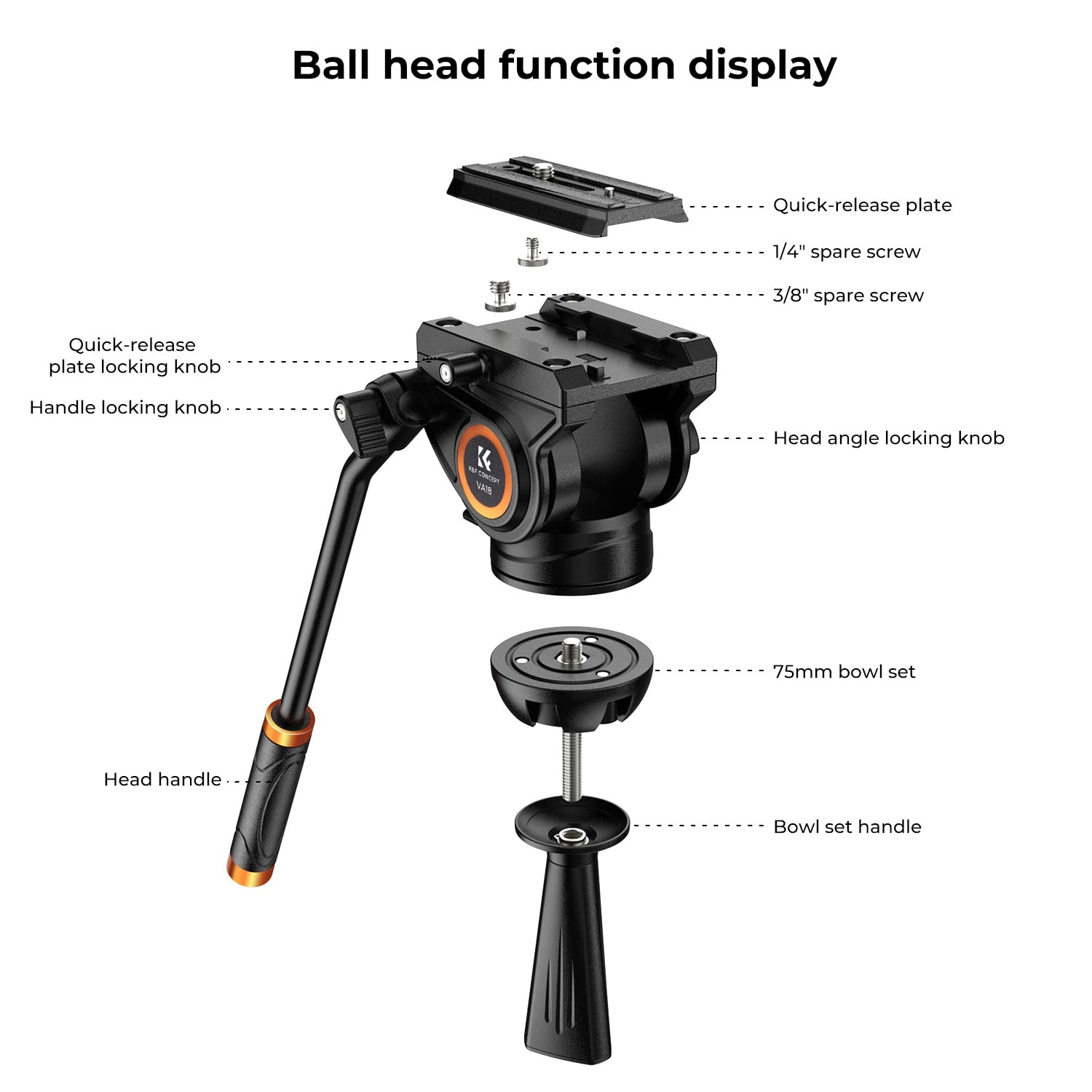 Video Tripodu hidrolik başlık ve 75 mm kase parçaları - K&F Concept VA18+VH081