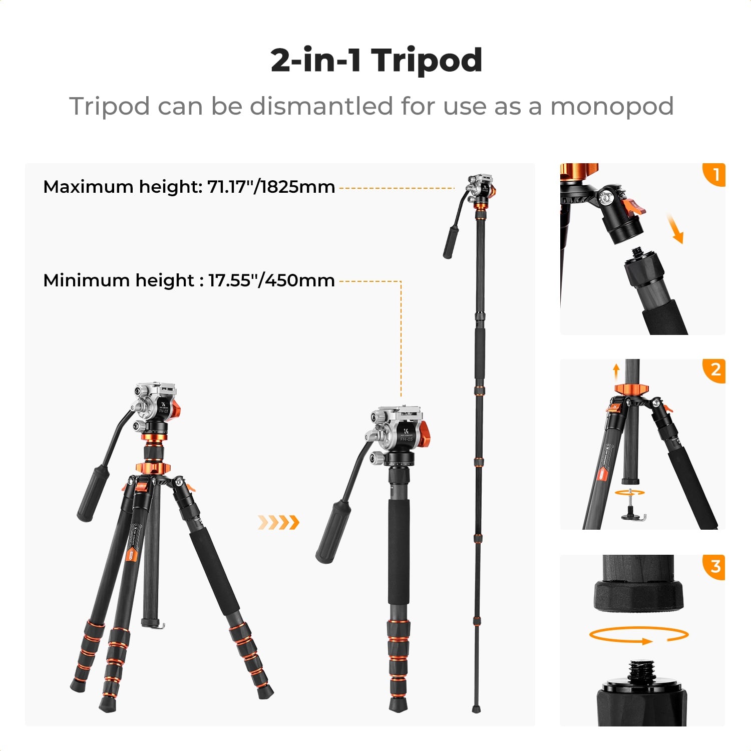 Karbon Fiber Video Tripodu monopod dönüşümü - K&F Concept O255C4+FH-03