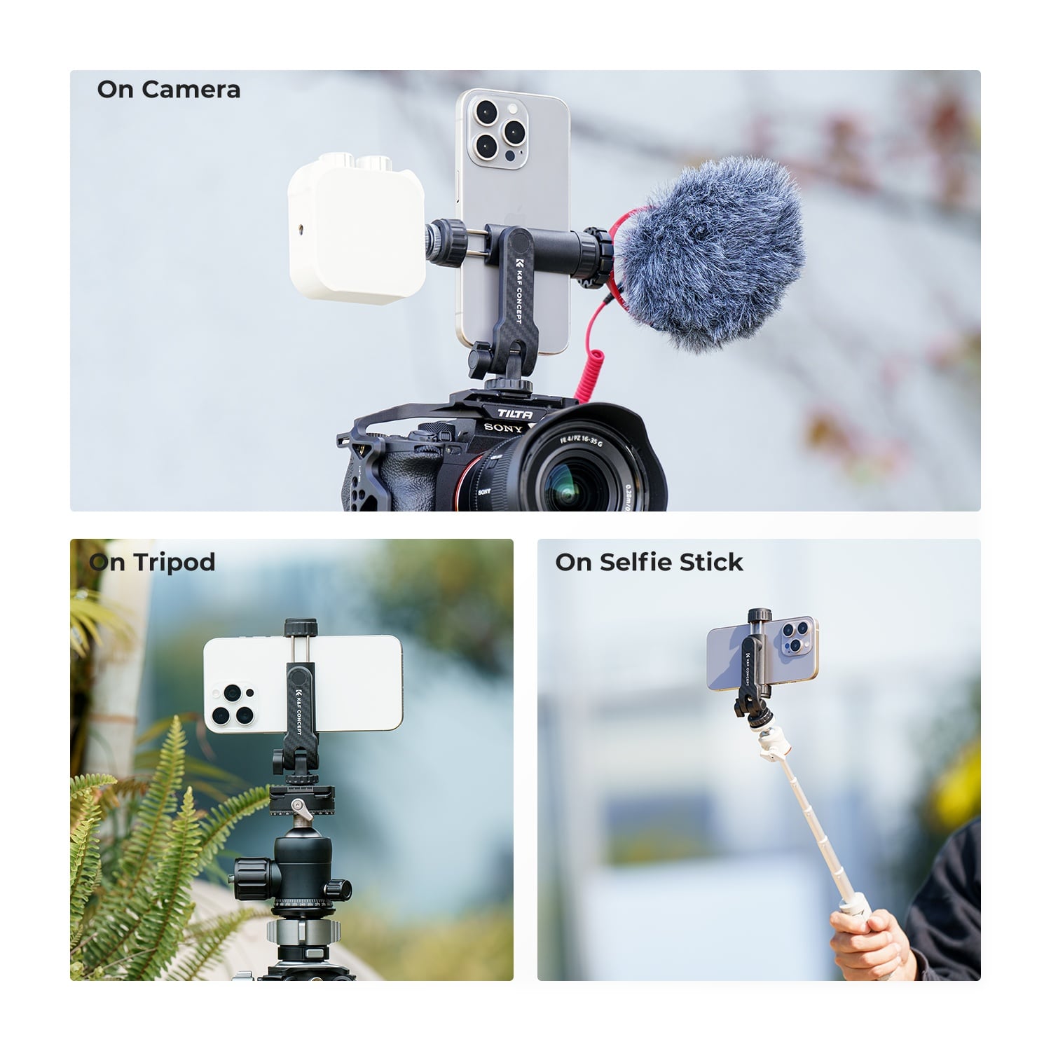 Çift cold shoe girişli telefon tutucu kamera tripod ve selfie çubuğu üzerinde kullanım