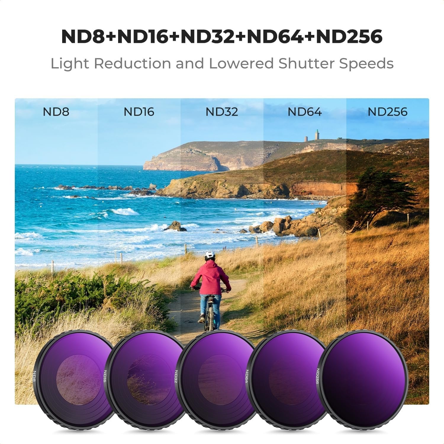 Osmo Action 5 Pro 6'lı filtre seti ND8 ND16 ND32 ND64 ND256 ışık azaltma karşılaştırması
