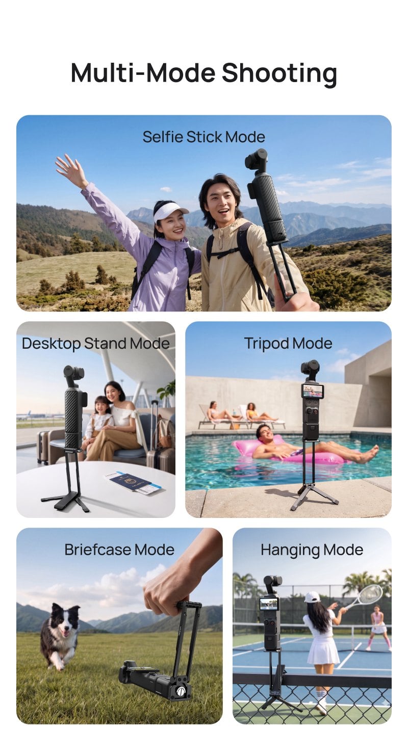 Selfie çubuğu, masa standı, tripod, çanta ve asma modu