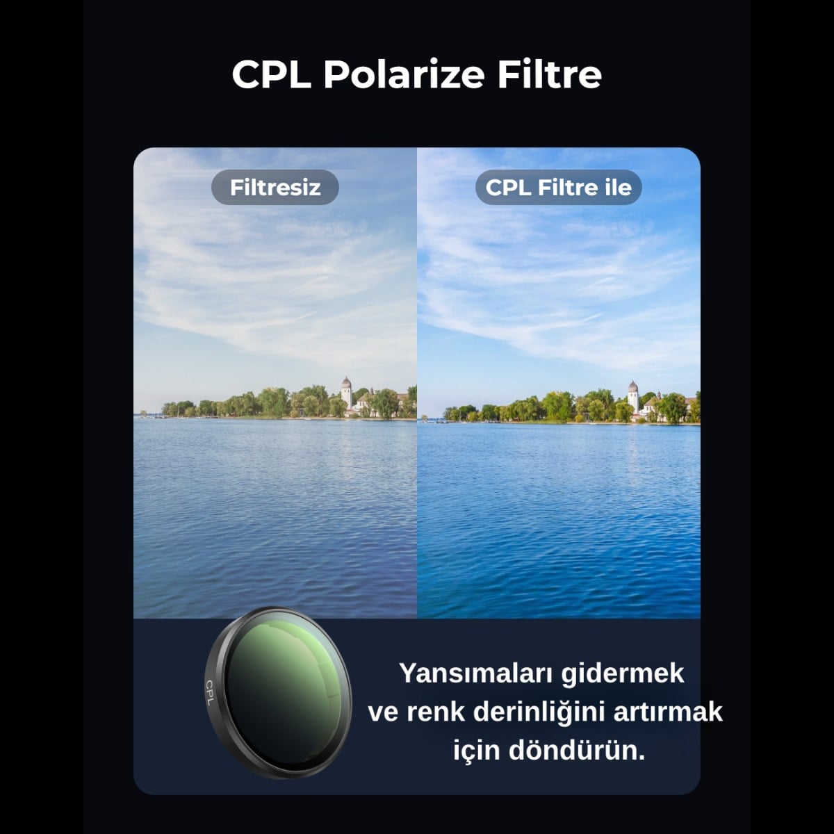 CPL polarize filtre döndürülerek yansıma giderme