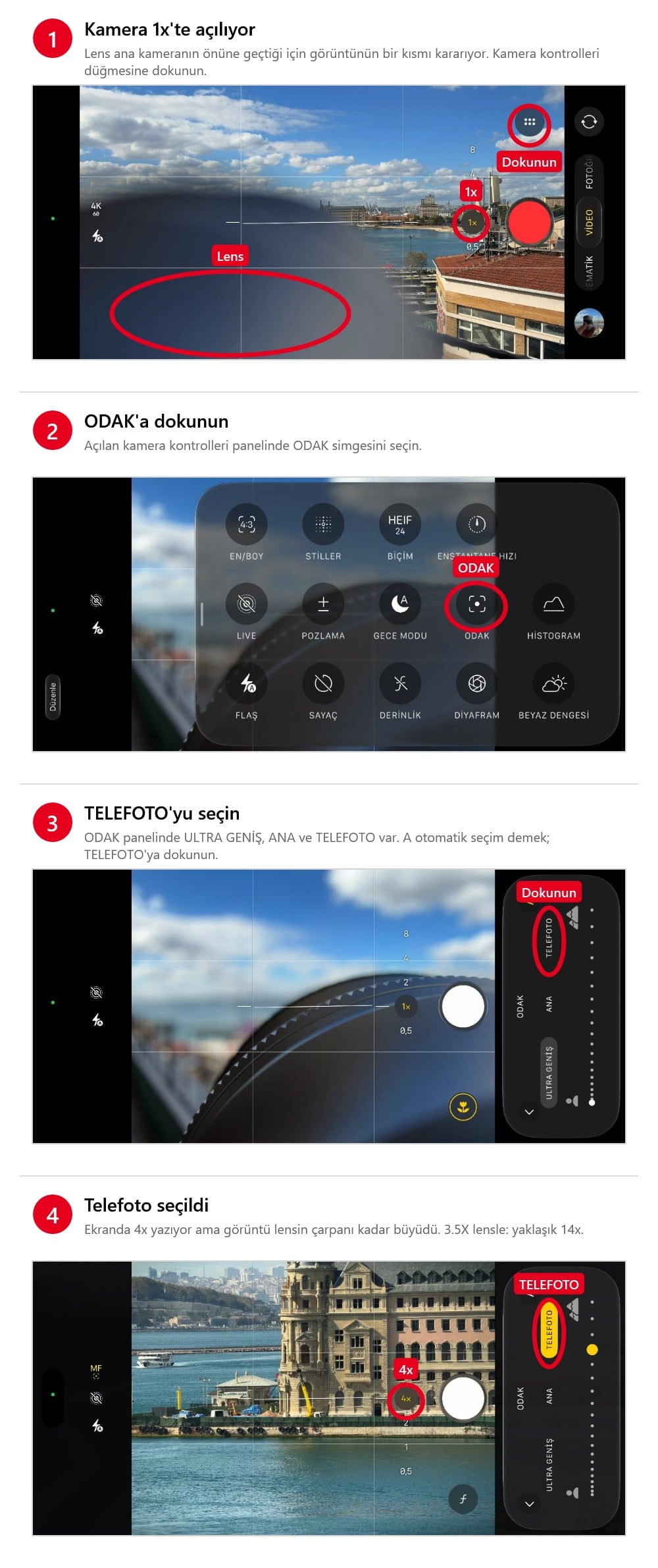 3.5X lensle telefotoya geçiş. Son karede ekranda 4x yazıyor, görüntü yaklaşık 14x. 2X lensle adımlar aynı, sonuç 8x.