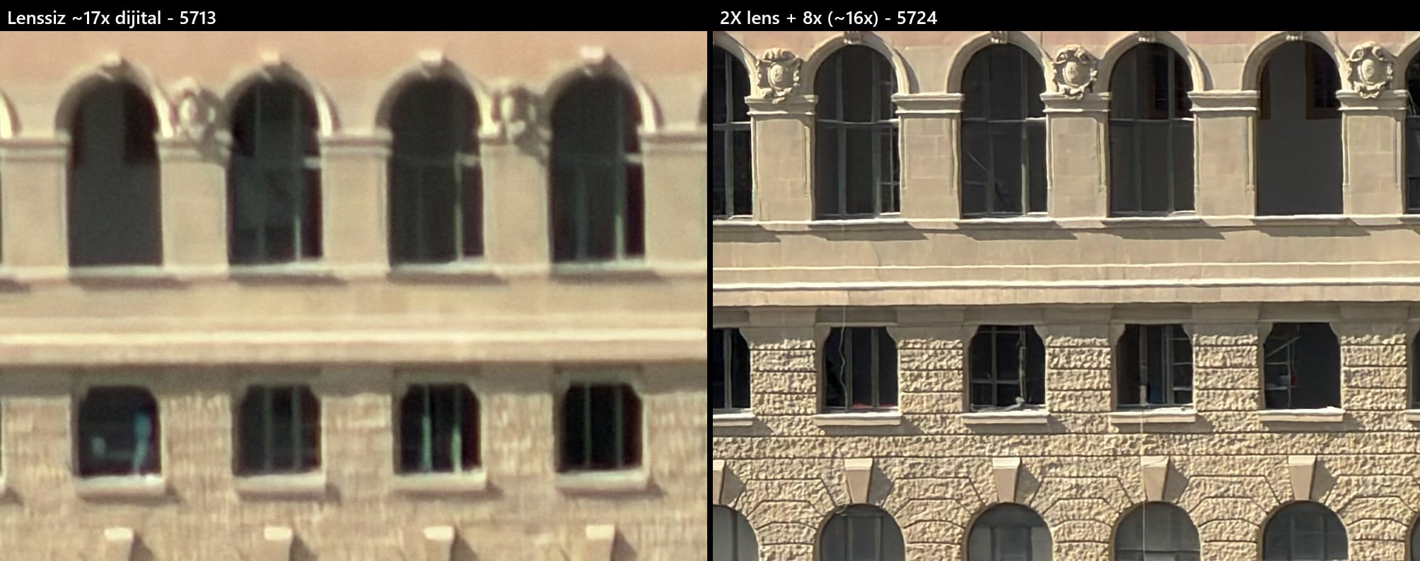 Solda lenssiz ~16x dijital zoom, sağda 2X lens + 8x ile ~16x. Kırpımlar küçültülmedi.