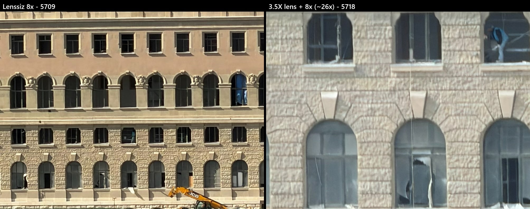 Solda lenssiz 8x, sağda 3.5X lens + 8x (~26-28x). 3.5X çok daha yakına getiriyor ama daha yumuşak.