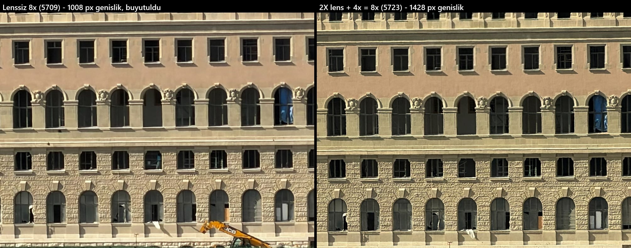 Solda lenssiz 8x, sağda 2X lensle 8x. Lensli kare biraz daha keskin.