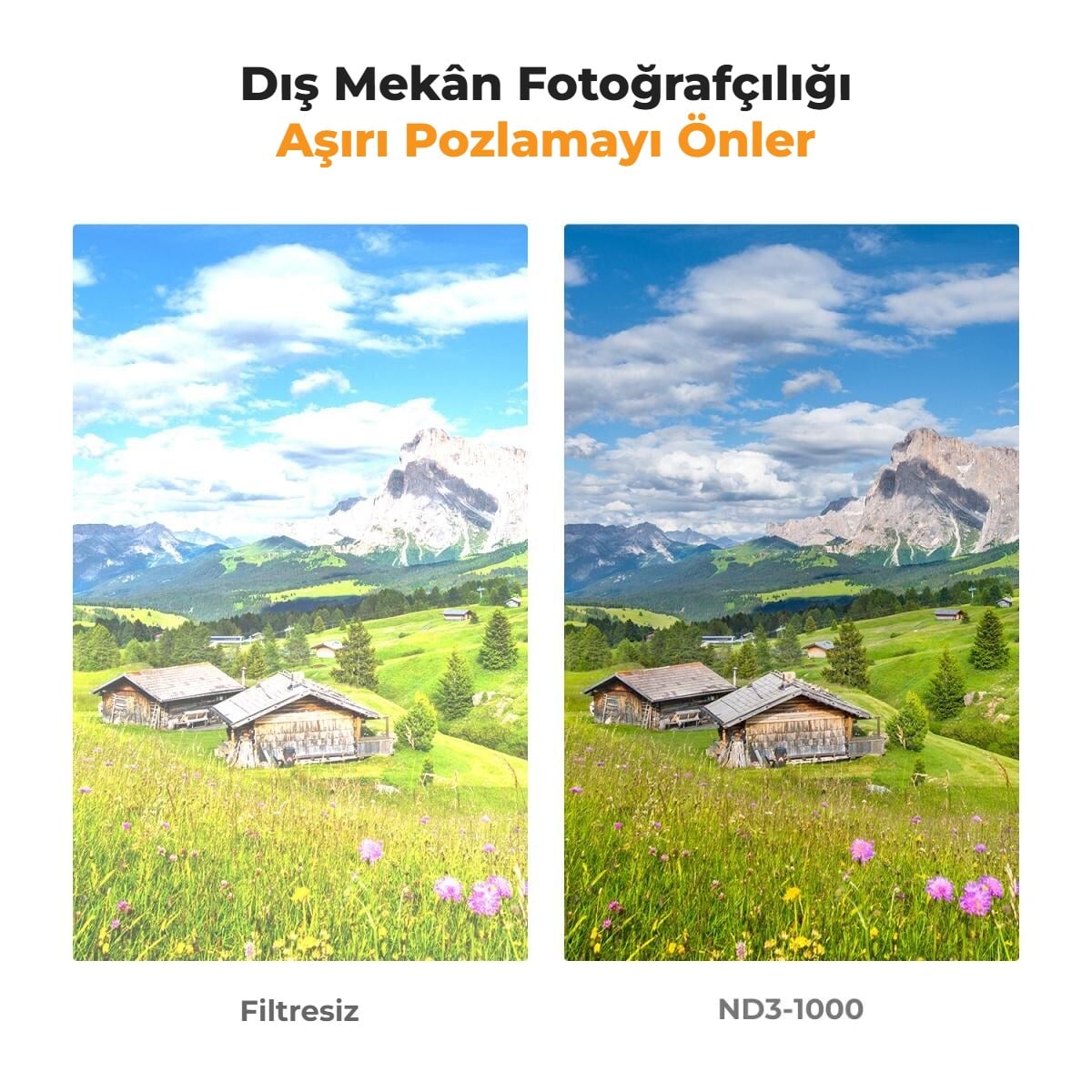 ND filtre ile dağ ve çayır manzarası karşılaştırması
