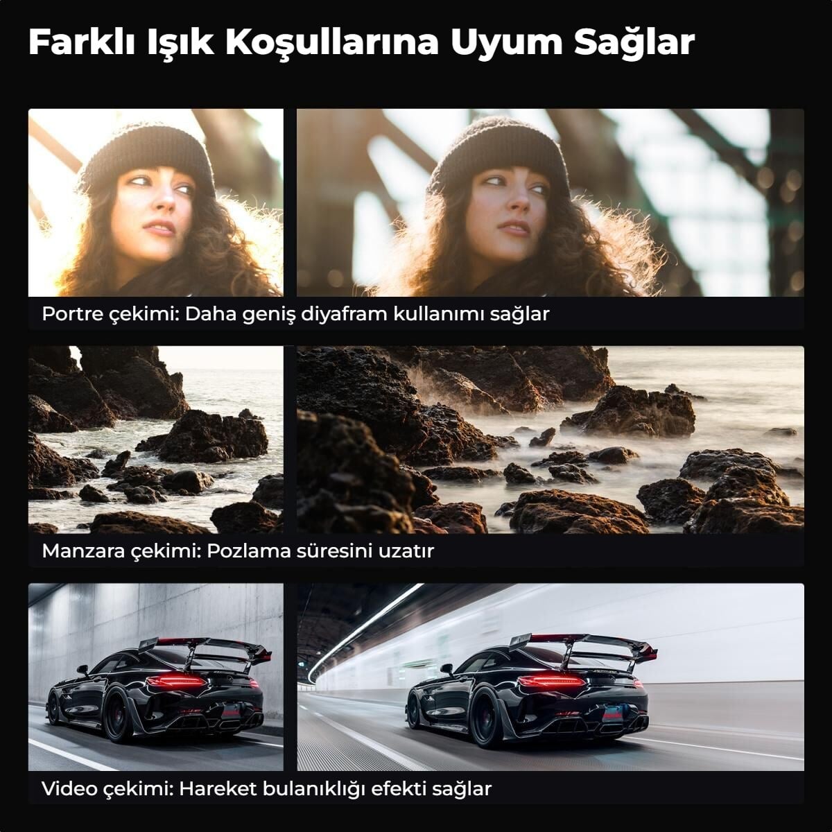 ND filtre ile portre, manzara ve video çekimi örnekleri