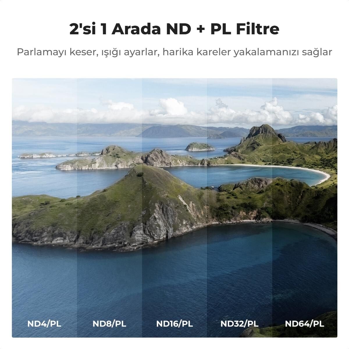 Dron ile ND/PL filtre kullanılmış deniz ve ada manzarası