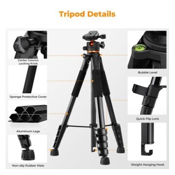 K&F Concept 190cm Alüminyum Tripod (S255A3+BH-36)