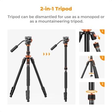 K&F Concept 200cm Alüminyum Tripod (O234A7+FH-03)