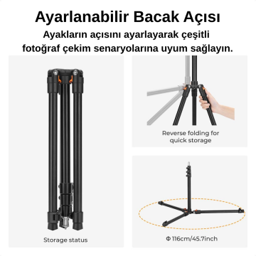 K&F Concept 200cm Alüminyum Katlanabilir Işık Tripod