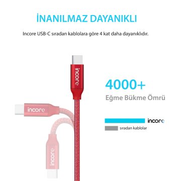 INCORE inLine USB-C Type-C 2 Metre Gümüş Örgülü Hızlı Şarj Kablo