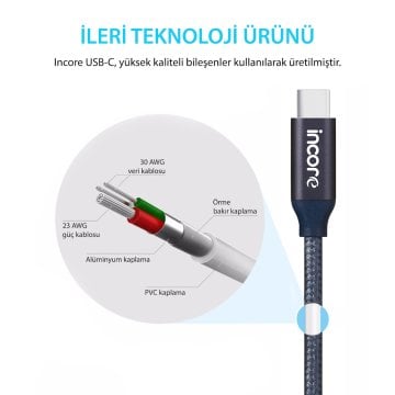 INCORE inLine USB-C Type-C 2 Metre Gümüş Örgülü Hızlı Şarj Kablo