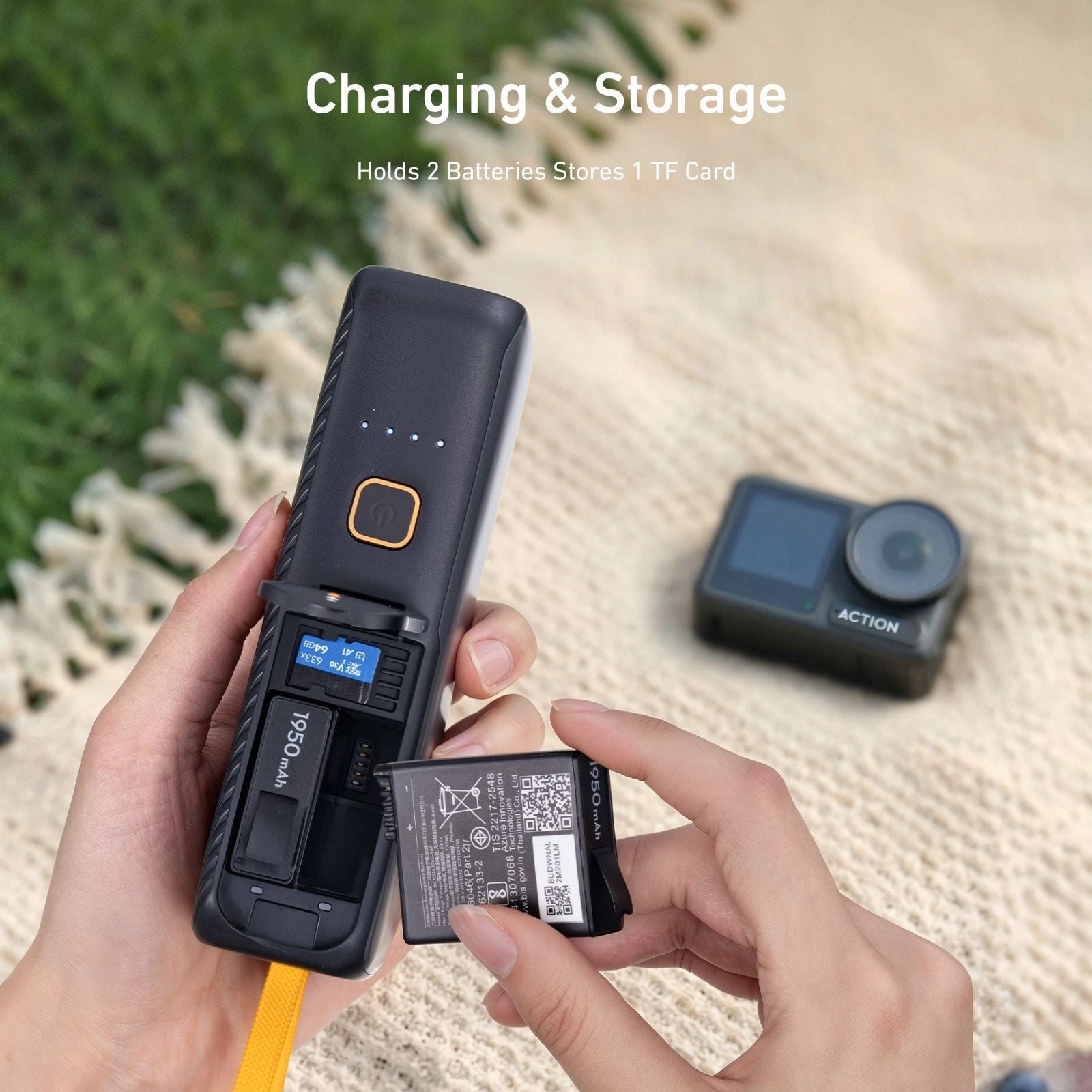 Telesin Portable Power Battery içinde iki batarya ve TF kart saklama