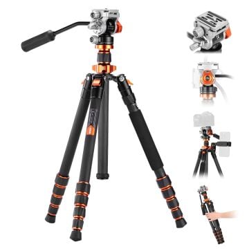K&F Concept 170cm Omni Serisi Hidrolik Başlık Karbon Fiber Video Tripodu (Monopod Dönüşümlü) (O255C4+FH-03)