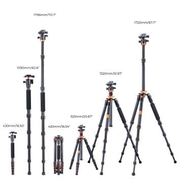 K&F Concept 172cm Karbon Fiber Seyahat Tripodu ve Telefon Tutucu (10kg Taşıma, 360° Ball Head) (D255C4+BH-28L)