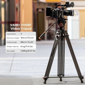 K&F Concept 183cm Profesyonel Ağır Hizmet Video Tripodu, Hidrolik Fluid Kafa (8kg Taşıma) (VA18+VH081)