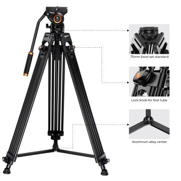 K&F Concept 183cm Profesyonel Ağır Hizmet Video Tripodu, Hidrolik Fluid Kafa (8kg Taşıma) (VA18+VH081)