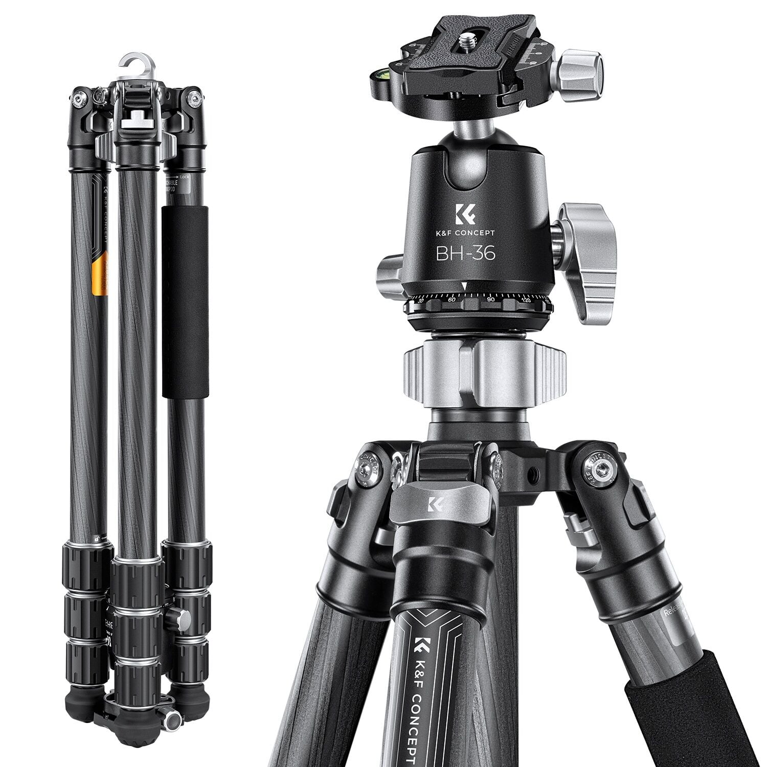 K&F Concept 172cm X Serisi Karbon Fiber Kamera Tripodu (36mm Metal Ball Head, Arca-Swiss, 16kg Taşıma) (X284C4+BH-36)