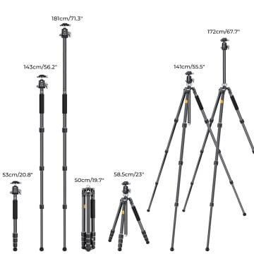 K&F Concept 172cm X Serisi Karbon Fiber Kamera Tripodu (36mm Metal Ball Head, Arca-Swiss, 16kg Taşıma) (X284C4+BH-36)
